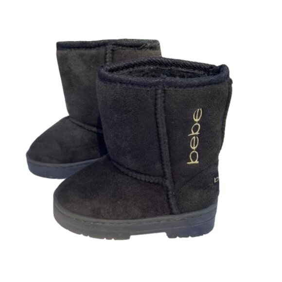 bebe Girls Black Suede Fabric Booties, Lined with Faux Fur, Rubber Soles, sz 7 - Picture 1 of 11